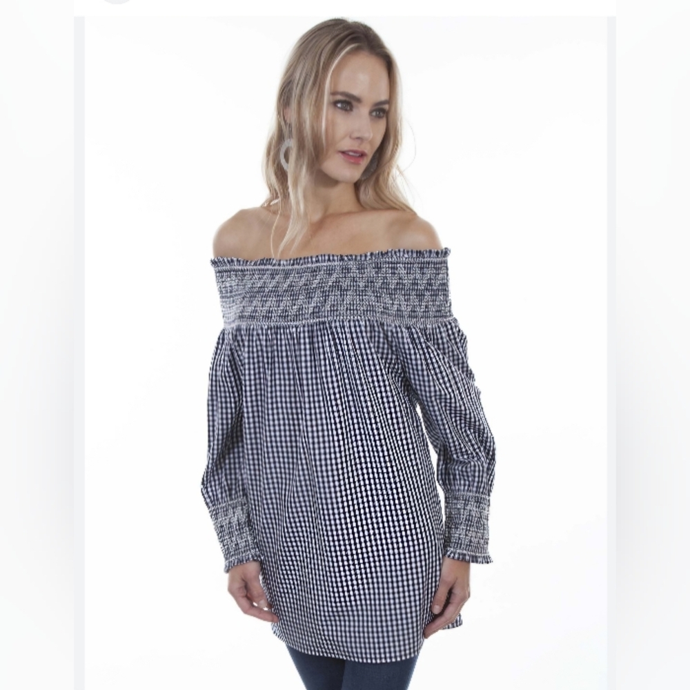 Elegant Off-Shoulder Black&White Checkered Blouse Smocking Around Neck